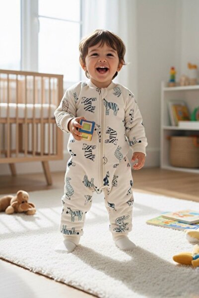 Minigimin Cicileri My Little One's Zebra Patterned Boys' Winter Sleeping Bag - Cream