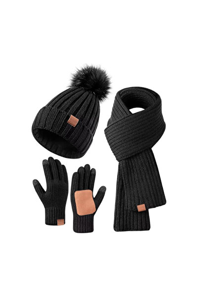 NO BRAND Women's winter hat, scarf and gloves set, including a pom-pom hat, l...
