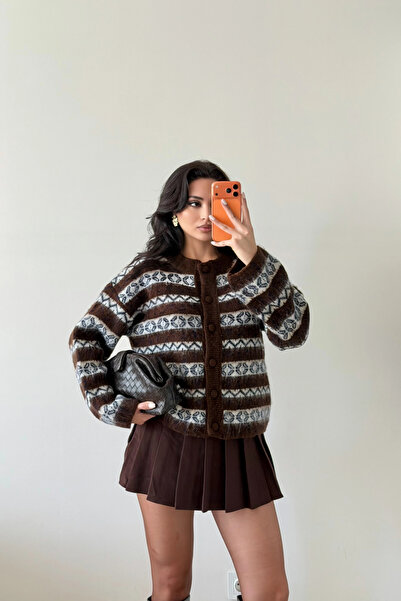 Eka Women's Brown Ethnic Pattern Oversized Cardigan 1014-2566