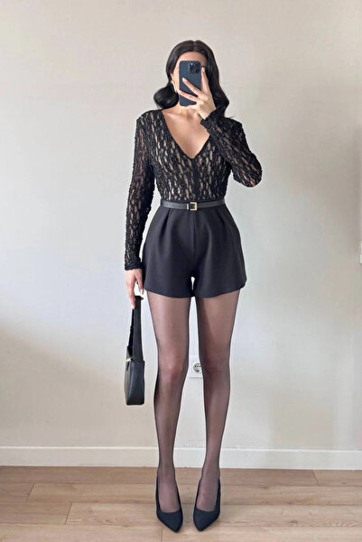 Eka Women's Black Lace Paneled Jumpsuit with Shorts 1041-2734