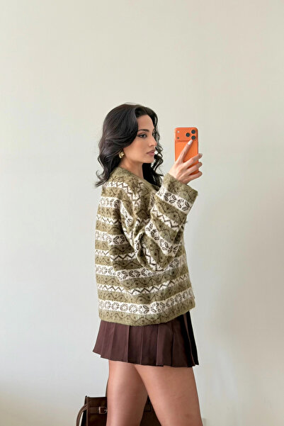 Eka Women's Khaki Ethnic Pattern Oversized Cardigan 1014-2566