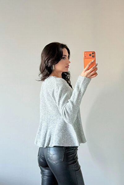 Eka Women's Gray Skirt Flounce Knitwear Cardigan 1014-2525