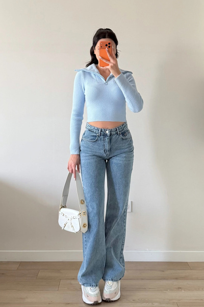 Eka Pulover crop albastru pentru femei 1014-2022