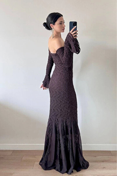 Eka Γυναικεία καφέ φούστα σιφόν Garni με λεπτομέρεια δαντέλας 1041-2738