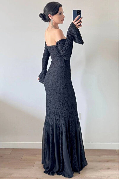 Eka Γυναικεία Μαύρη Φούστα Φόρεμα από σιφόν με λεπτομέρεια Garni δαντέλα 1041-2738