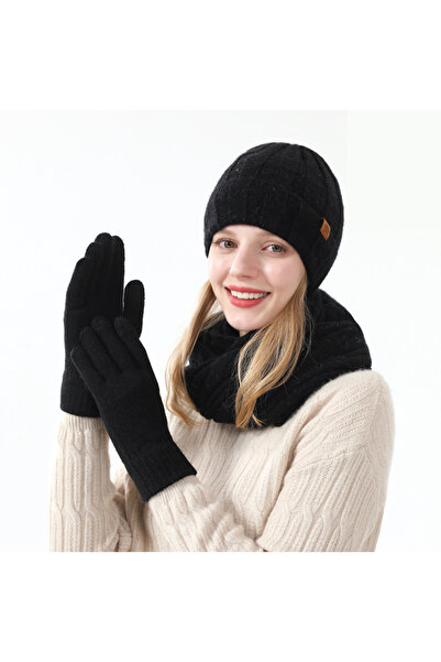 NO BRAND Three-piece winter set - wool hat, scarf and gloves, with fleece lin...