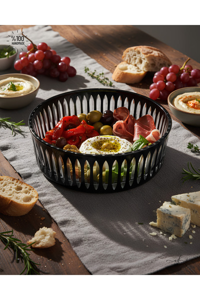 AKDEN STORE Kesme Dekor El İşçiliği Siyah 25CM Büyük Boy Cam Kase