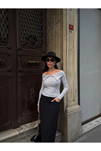 ZENGEZUR MALL Nrzsnt Butterfly Neckline Long Sleeve Blouse Gray (101102) (Size: m)