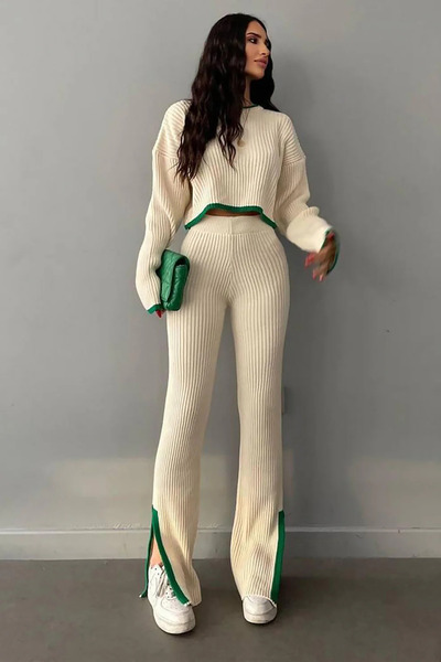 Modayıldızlar Milano Green Beige Intersiye Striped Y Slit Knit Crop-Pants Women's Knitwear Bottom-Top Set 2026