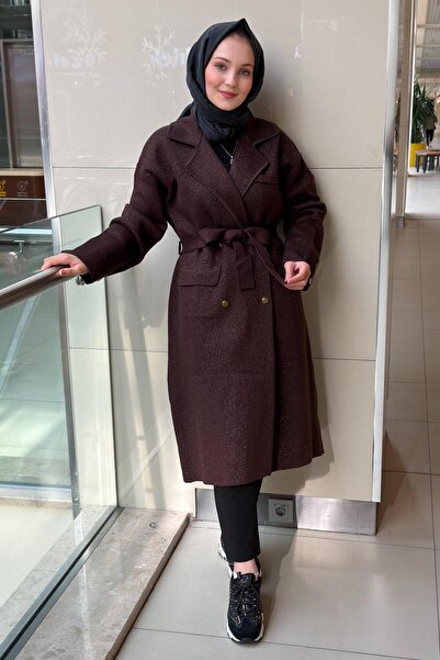 Ghisa Double-Breasted Collar Sequin Drawstring Knitwear Cap Coat