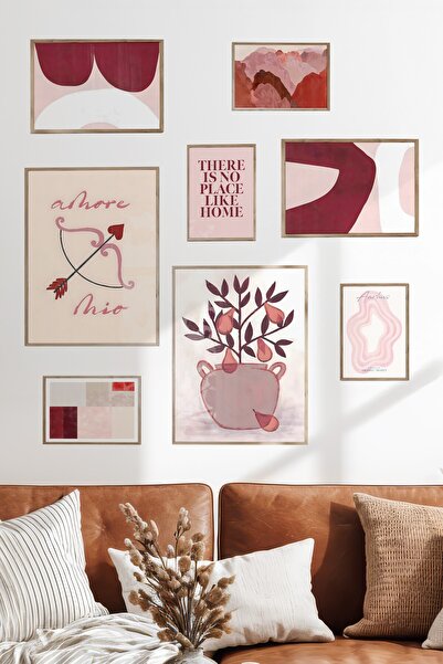 Postifull Çerçeveli Poster Seti, 8 Adet Ahşap Çerçeve ve Poster Soyut Kırmızı...