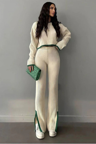 Modayıldızlar Milano Green Beige Intersiye Striped Y Slit Knit Crop-Pants Women's Knitwear Bottom-Top Set 2026
