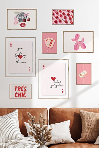 Postifull Çerçeveli Poster Seti, 8 Adet Ahşap Çerçeve ve Poster Pembe Maximal...