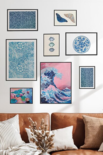 Postifull Çerçeveli Poster Seti, 8 Adet Siyah Çerçeve ve Poster Mavi Yaz Tema...