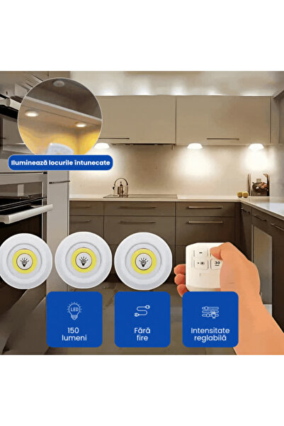 OferteTop Set of 3 LED Spotlights with Remote Control, No Cables, Adjustable Intensity and Easy Installation
