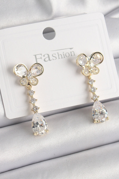 Skygo أقراط نسائية من حجر الزركون الذهبي اللون على شكل فراشة متدلية من حجر ال...