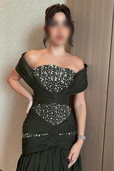 kadina Green Wrap Evening Dress with Pearls