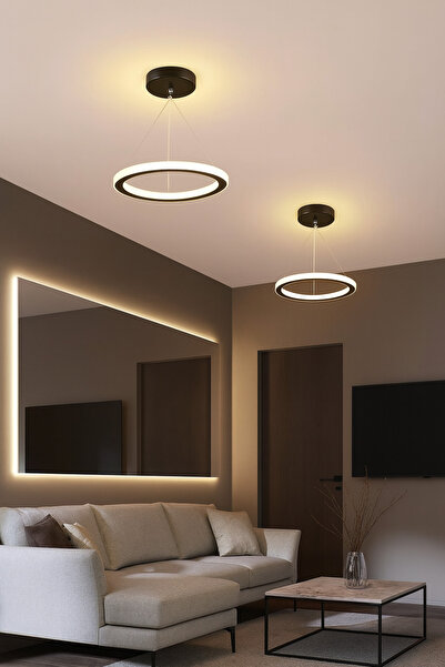 Mikro Aydınlatma Samsung Led Çap:35cm İçe Dışa Işık Veren Modern Ofis Salon Mutfak Tekli Sarkıt Avize Siyah Günışığı