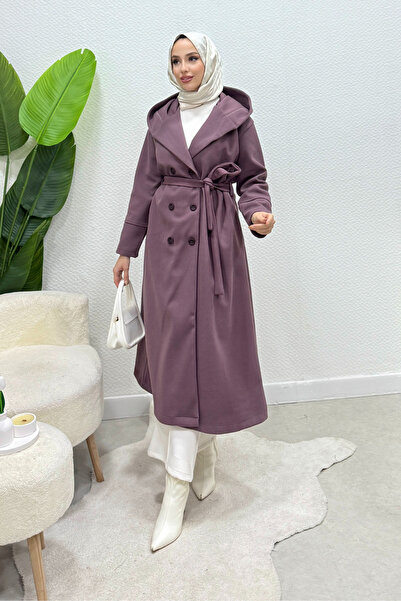 Tesettür Diyarı Arden Hooded Belted Hijab Coat - Purple