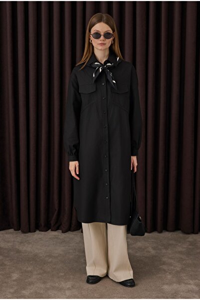 HEQA Μακρύ πουκάμισο λεπτομέρεια με σούρες Μαύρο