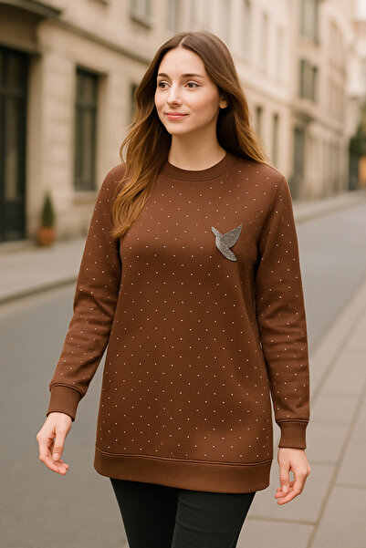 MİRA BUTİK Modal Kumaş Kahvrengi Taş Detaylı Uzun Kolu Tunik Rahat Kesim Günlük Kadın Sweat Tesettür Tunik