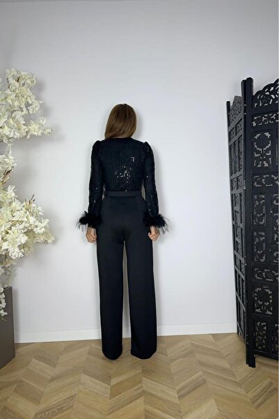 gesmoda G1661 Otriş and Sequin Detailed Jumpsuit Black