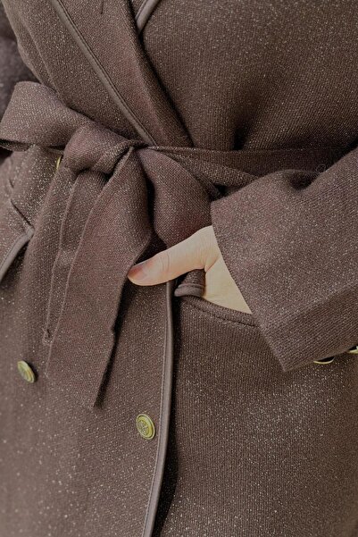 Ghisa Double-Breasted Collar Sequin Drawstring Knitwear Cap Coat