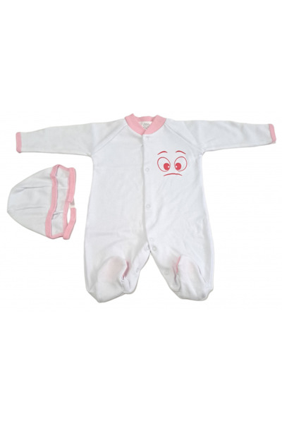 Bubu Kids Creations Salopeta BubuKids cu căciulă - Alb și roz