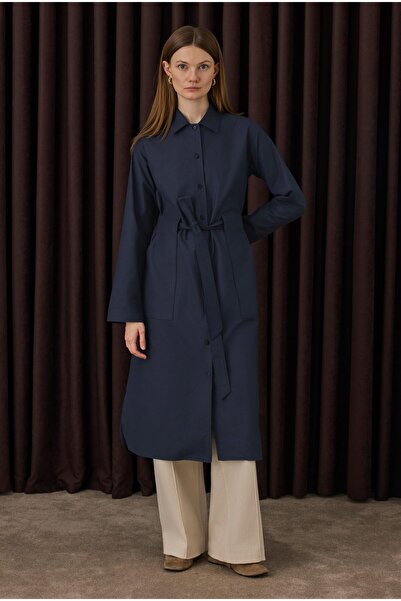 HEQA Belt Detailed Long Shirt Navy Blue