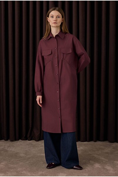 HEQA Μακρύ πουκάμισο λεπτομέρεια με σούρες Βουργουνδίας