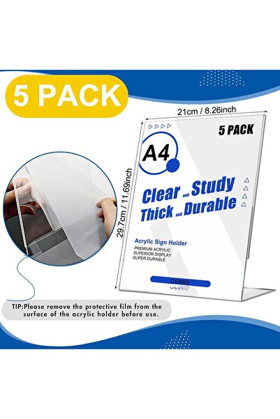 Slasa 5-Pack A4 Acrylic Sign Holder 29.7×21 cm – Clear L-Shaped Tilt Display Stand