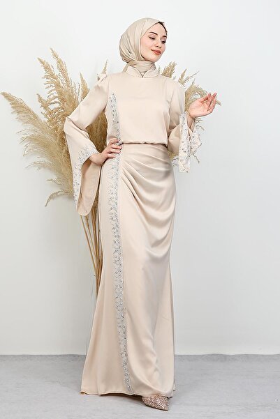 GİYZAMİLA Mihrimah Saten Abiye Krem