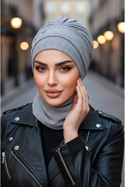 Aişe tesettür Gray Melange Metal Detailed Scarf Bonnet