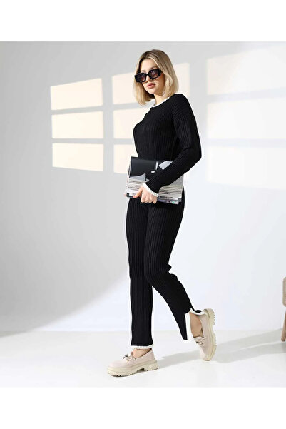 eymenger Milano Black White New Deux Γυναικείο Πλεκτό Σετ με Σκισίματα στα Πόδια