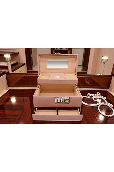 Kuzey Tacı Luxury Leather Jewelry Storage Box with Combination Lock, Mirror and 3 Layers Custom Production Faux Leather