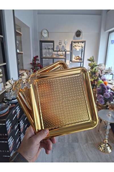 Practice Home Dövme Dama Desenli Kelebekli Tek Kişilik Kahve Sunumluk Metal Damat Söz Tepsisi (2 ADET) GOLD
