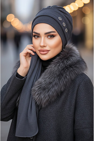 Aişe tesettür Anthracite Metal Detailed Winter Scarf Bonnet