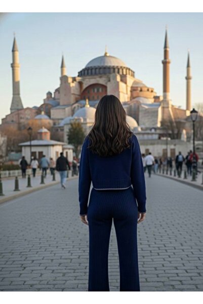 YusGos Women's Crew Neck Patterned Crop Sweater Pants Knitwear Top and Bottom Set