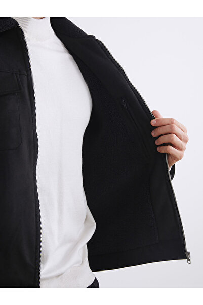 LC Waikiki Ανδρικό παλτό Vision Black εφαρμοστό με γούνινο γιακά από σουέτ