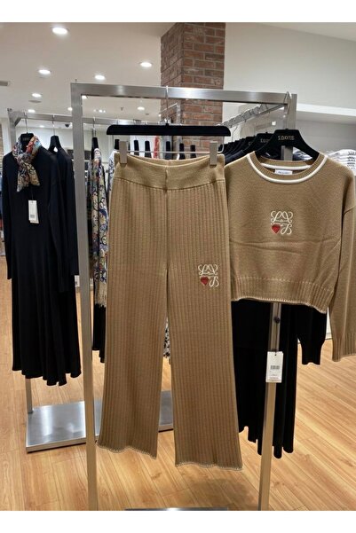 YusGos Women's Crew Neck Patterned Crop Sweater Pants Knitwear Top and Bottom Set