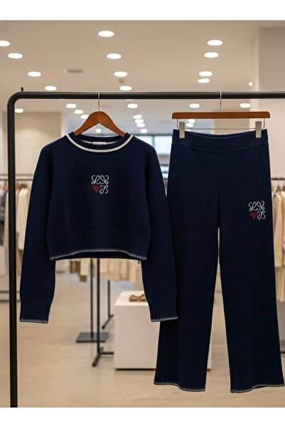 YusGos Women's Crew Neck Patterned Crop Sweater Pants Knitwear Top and Bottom Set