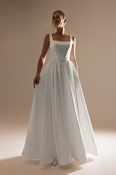 bontesel Satin Square Neckline Corset Satin Wedding Dress