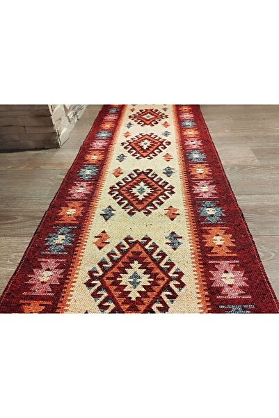 OEM Traditional jute rug, 80 x 300 cm, red and cream, Romb pattern