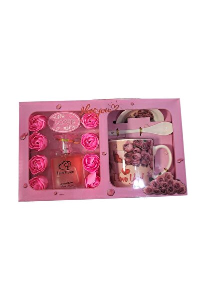 First Choice gift set bag consisting of mug, teaspoon, scented roses and 50 ml perfume bottle