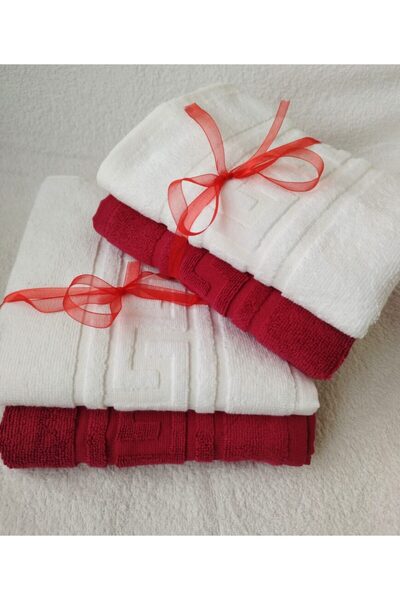 OEM 2+2 Bath Towel Set, 100% Cotton, Greek Border 500 g/m², 2x60x90cm + 2x70x140cm, White+Red
