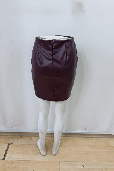 Mossta High Waist Leather Side Lace-Up Slit Detailed Mini Skirt - Burgundy