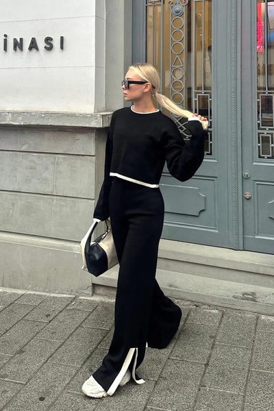 LİMABEL Μαύρο και άσπρο ριγέ άνοιγμα πλεκτό Crop-Pants Γυναικείο πλεκτό σετ κάτω-πάνω