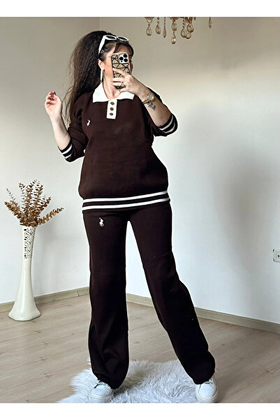 AZRA BUTİK Gold Buttoned Knitwear Set Brown