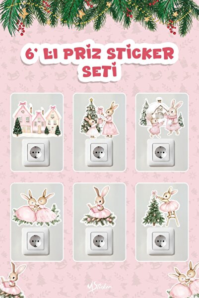MSticker 6-Piece New Year Themed Mini Sticker Set, Plug Socket Sticker, Christmas New Year Mini Size Sticker Set, Cute Rabbit