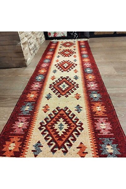 OEM Traditional jute rug, 80 x 300 cm, red and cream, Romb pattern